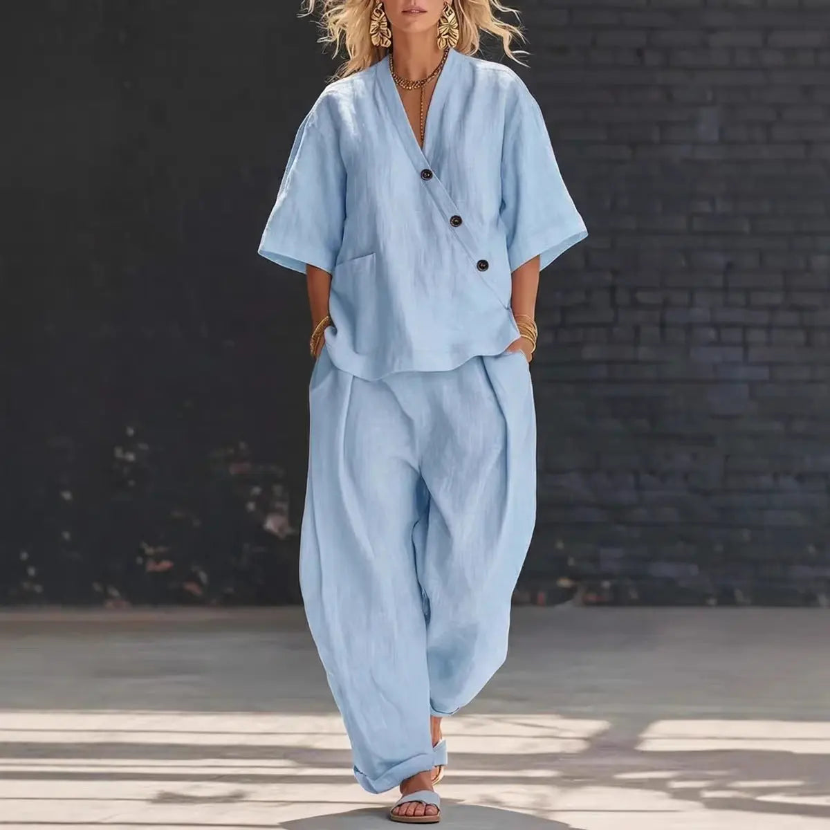 V-neck Loose-fit Short-sleeve Top And High-waist Trousers Two-piece Set Dolphin Tracker + Lost Recovery + RFID