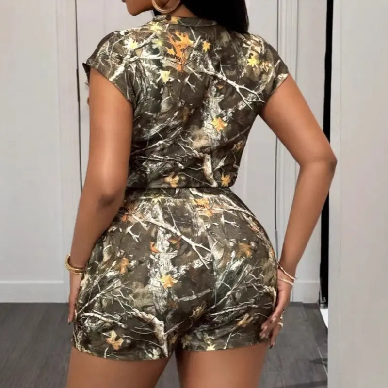 Women's Loose Casual Drawstring Branch Camouflage Printing Shorts Dolphin Tracker + Lost Recovery + RFID