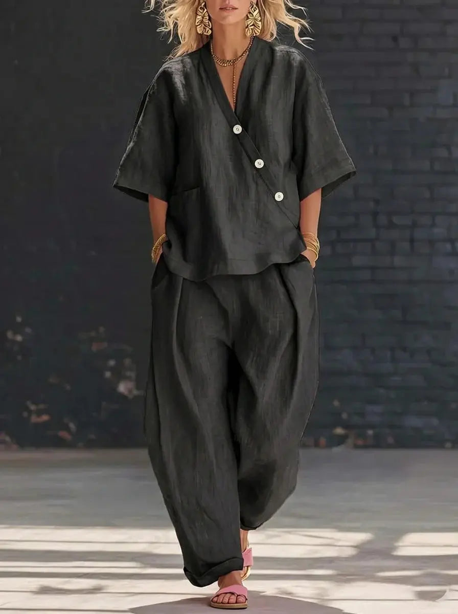 V-neck Loose-fit Short-sleeve Top And High-waist Trousers Two-piece Set Dolphin Tracker + Lost Recovery + RFID