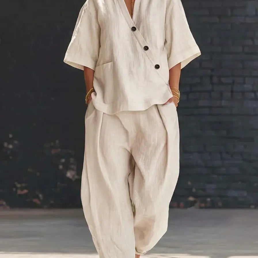 V-neck Loose-fit Short-sleeve Top And High-waist Trousers Two-piece Set Dolphin Tracker + Lost Recovery + RFID