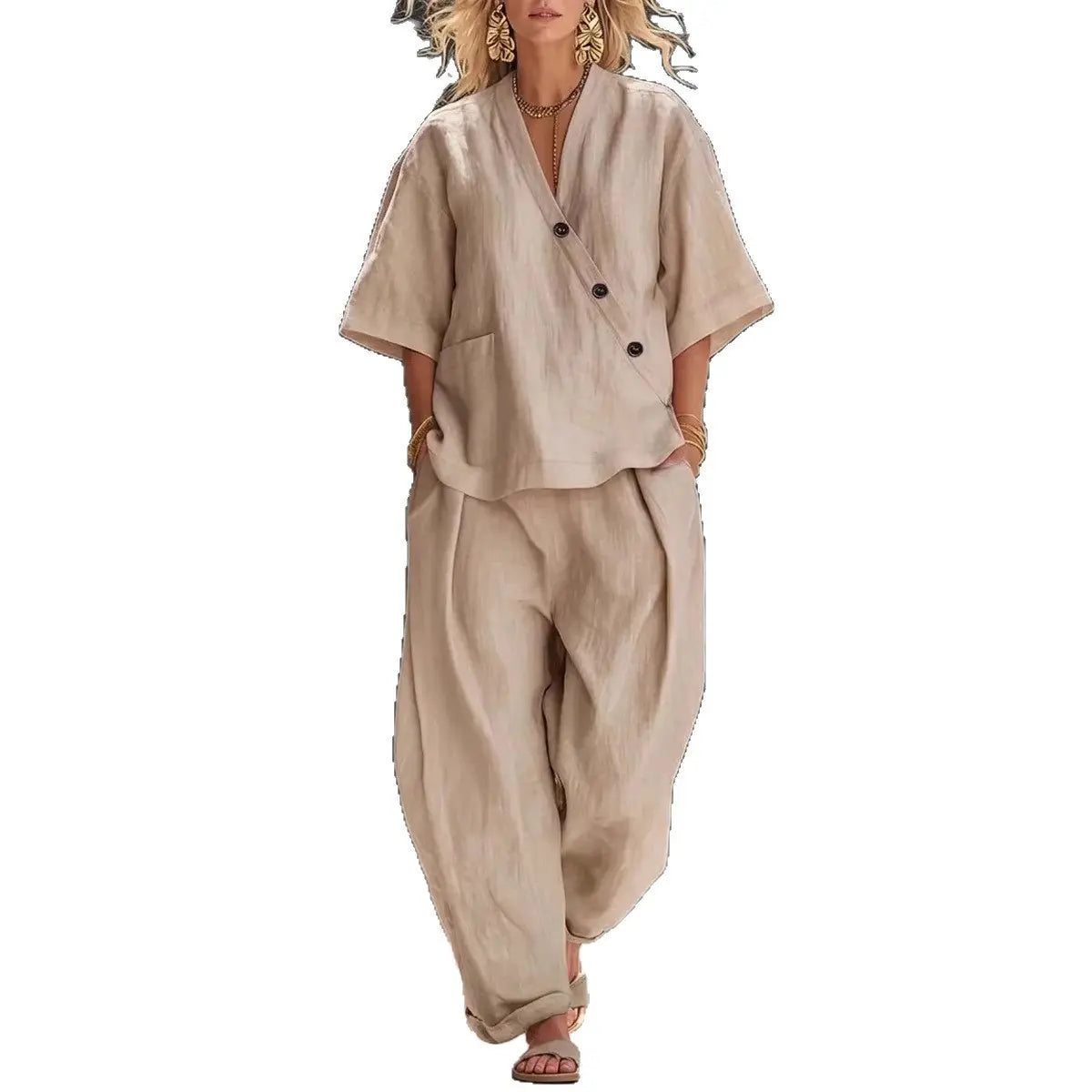 V-neck Loose-fit Short-sleeve Top And High-waist Trousers Two-piece Set Dolphin Tracker + Lost Recovery + RFID