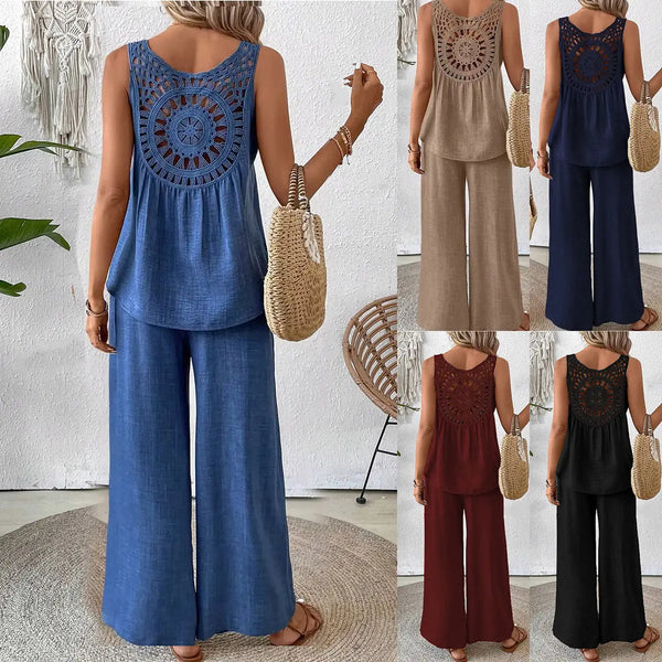 2 Pieces Set Women's Sleeveless Solid Color Back Hollow Lace Suit Summmer Trendy Casual Top Wide Leg Pants Set For Daily Wear Holiday Outfit Dolphin Tracker + Lost Recovery + RFID