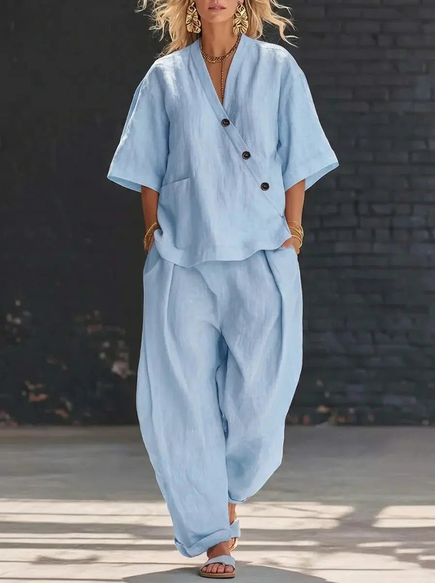 V-neck Loose-fit Short-sleeve Top And High-waist Trousers Two-piece Set Dolphin Tracker + Lost Recovery + RFID