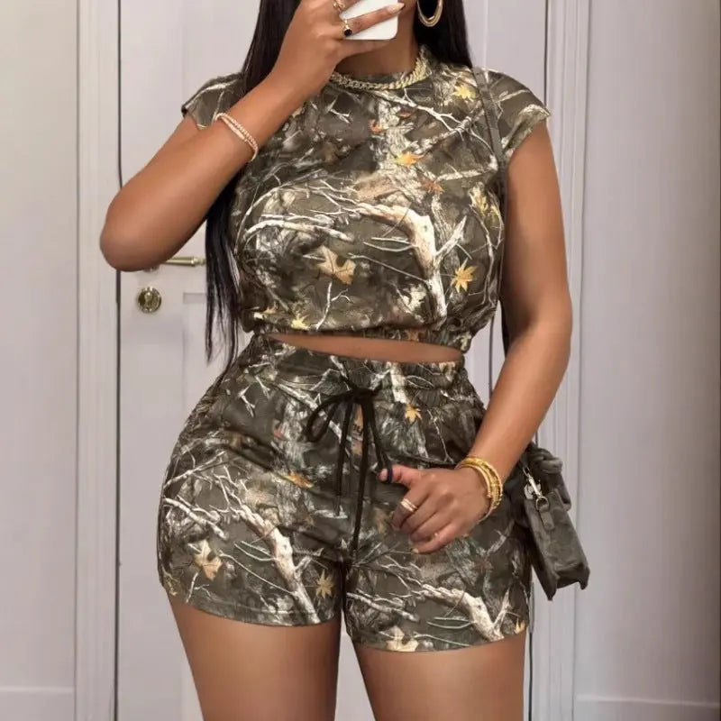 Women's Loose Casual Drawstring Branch Camouflage Printing Shorts Dolphin Tracker + Lost Recovery + RFID