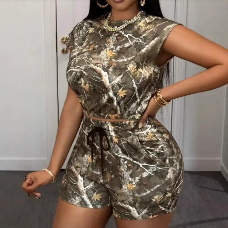 Women's Loose Casual Drawstring Branch Camouflage Printing Shorts Dolphin Tracker + Lost Recovery + RFID