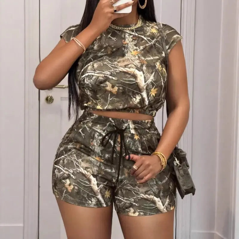 Women's Loose Casual Drawstring Branch Camouflage Printing Shorts Dolphin Tracker + Lost Recovery + RFID